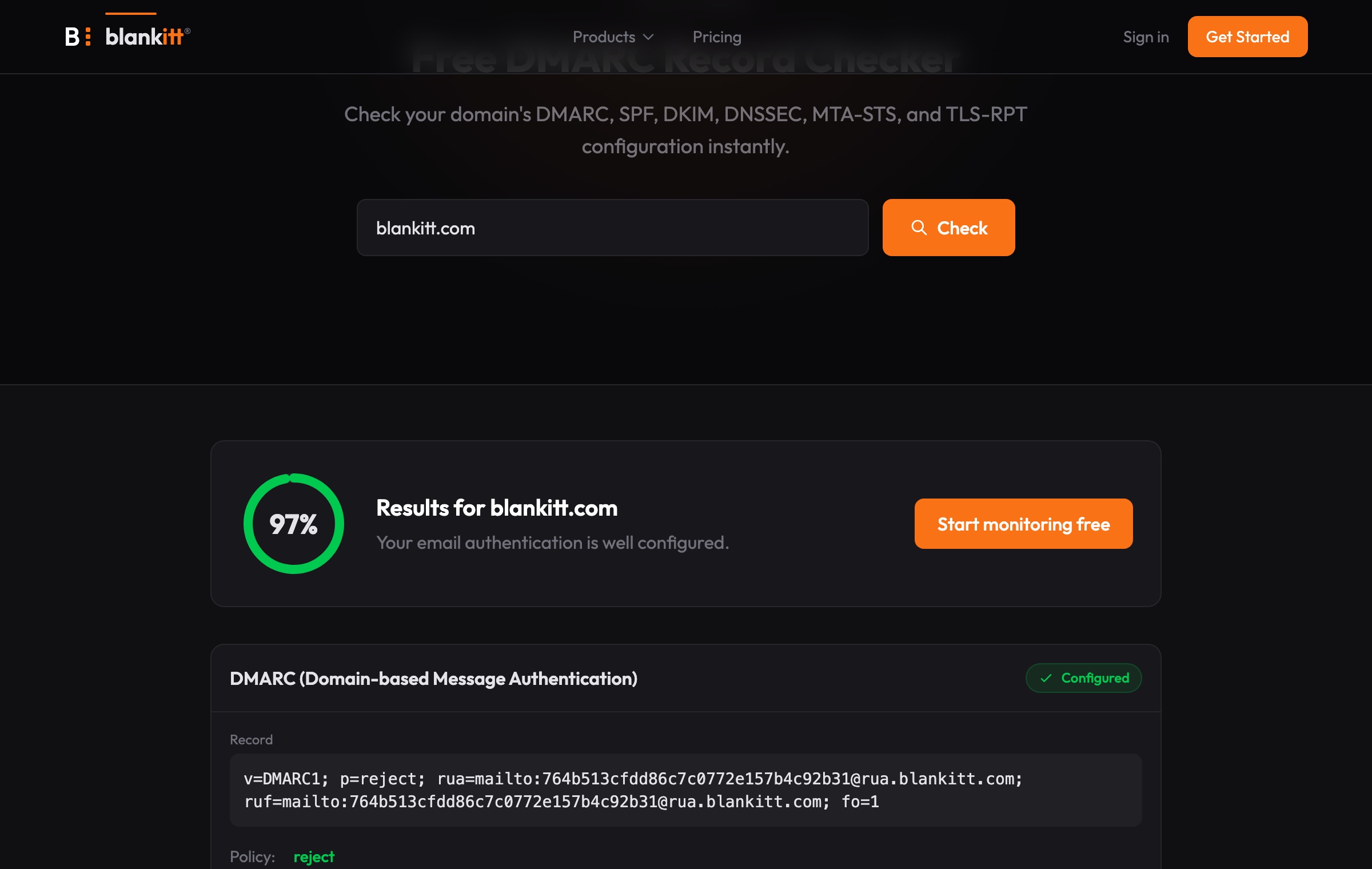 Blankitt free DMARC checker showing blankitt.com scoring 97% green across all six checks